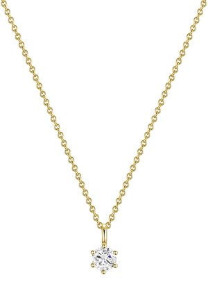 Goldkette mit einem runden, klaren Edelstein-Anhänger mit sechs Krappen. Die Kette hat ein glattes, verknüpftes Design.
