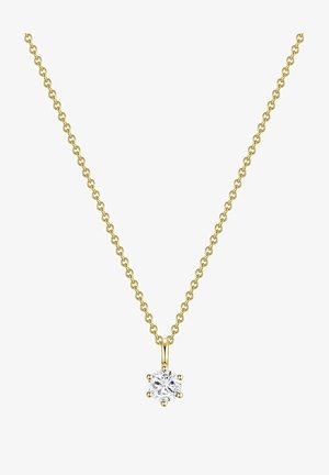 Auksinė grandinėlė su apvaliu, skaidriu brangakmeniu, laikomu šešiais kabliukais. Grandinėlė turi lygią, sujungtą struktūrą.