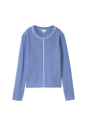 Blauer gerippter Pullover mit langen Ärmeln, rundem Ausschnitt und einem weißen Akzentstreifen. Weiche Textur, cropped Länge und gerade Passform.