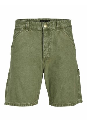 Shorts cargo vert olive en coton texturé, avec poches latérales, braguette zippée et fermeture à bouton doré.