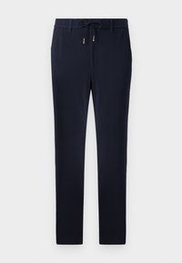 Marineblauwe broek met een verstelbare tailleband, slanke pasvorm en een gladde textuur. Geen zichtbare patronen of accenten.