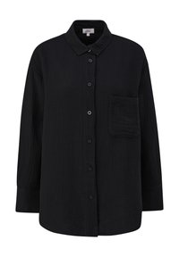 Chemise noire à manches longues avec boutons, col et poche poitrine, en tissu texturé.