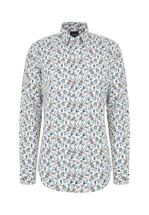 Biała koszula z długim rękawem, zdobiona wielokolorowym kwiatowym i paisley wzorem, z klasycznym kołnierzykiem i zapięciem na guziki.