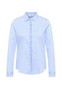 Light blue and white striped shirt with a collared neckline, ruffled front placket, and long sleeves featuring buttoned cuffs.