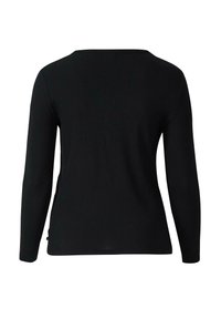 Zwart geribd shirt met lange mouwen en een ontspannen pasvorm. Voorzien van een boothals en een minimalistisch ontwerp, met subtiele stiksels langs de zoom.