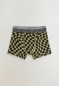 Boxershorts v olivovo zelenej a čiernej farbe s vlnkovým vzorom. Majú sivý pás so zelenými pruhmi. Vyrobené z bavlny, elastický strih.