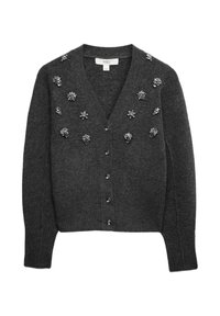 Szary kardigan z dekoltem w kształcie litery V, długimi rękawami, ozdobiony kamieniami w kształcie kwiatów z przodu. Zapięcie na osiem guzików na środku.