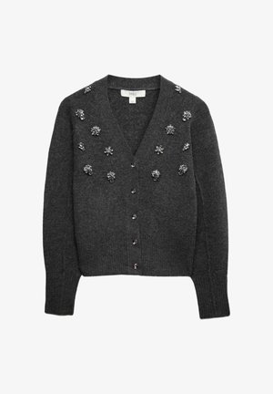 Cardigan grigio con scollatura a V, maniche lunghe e decorato con gemme a forma di fiore sul davanti. Chiusura centrale con otto bottoni.