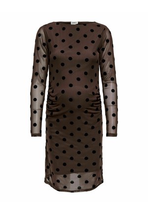 Bruine doorschijnende jurk met lange mouwen, zwarte polkadots, geplooide zijkanten en een ronde halslijn.