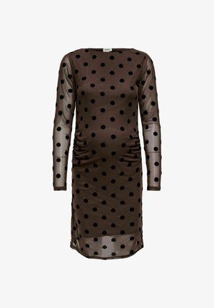 Vestido marrón de manga larga y tejido transparente con lunares negros, costados fruncidos y escote redondo.