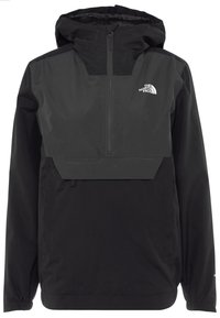 Pullover-Jacke in Schwarz und Dunkelgrau, aus wasserabweisendem Material gefertigt. Sie verfügt über eine Kapuze, einen halbseitigen Reißverschluss und elastische Bündchen. Logo auf der Brust.