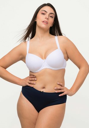 Soutien-gorge blanc matelassé avec des bretelles réglables et un petit nœud au centre. Assorti à un slip taille haute bleu foncé au design minimal.