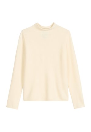 Cremefarbenes langärmliges Strickoberteil mit hohem Kragen, aus weichem, leichtem Stoff; schlichtes, kastiges Design, keine sichtbaren Muster oder Akzente.