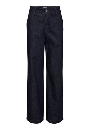 Vaqueros de mezclilla azul oscuro de pierna recta con cierre de botón y cremallera, pasadores para cinturón y detalles de costuras visibles.