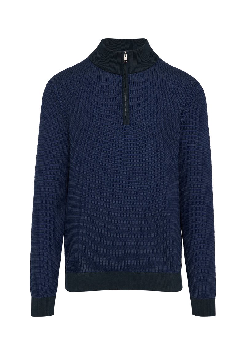 Dunkelblauer Pullover mit hohem Kragen und Viertelreißverschluss. Strukturiertes Strickgewebe, taillierte Bündchen und ein fester Rippenbund.