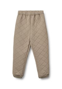 Beige housut, joissa on tikattu pinta, joustava vyötärö ja ribbauslahkeet. Tyylissä on timanttikuvioita ja pehmeä, sileä rakenne.