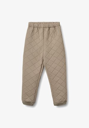 Quiltede beige bukser med elastisk talje og ribbede manchetter. Har diamantmønstre og en blød, glat tekstur.