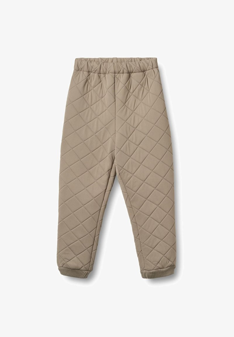 Quiltade beige byxor med elastisk midja och ribbade muddar. Har diamantmönster och en mjuk, slät textur.