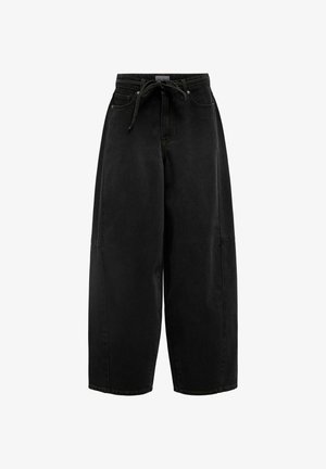 Jean noir à jambe large en denim, présentant une taille haute, un détail à nouer à l'avant et des coutures visibles le long des coutures.