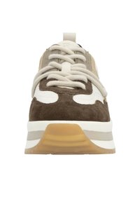 Brown and cream sneaker with suede and mesh panels, contrasting white accents, lace-up closure, and a textured rubber sole.