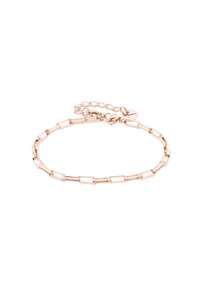 Rose gold armbånd med forlængede led, en justerbar kæde-lukning og en lille rund charme. Glat, poleret metaloverflade.