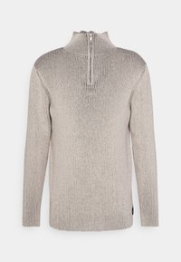 Hellgrauer strukturierter Pullover mit hohem Kragen und einem Viertelreißverschluss, geripptem Design und langen Ärmeln. Minimalistische Ästhetik ohne Muster.
