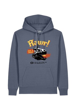 Blauer Kapuzenpullover mit einem Dinosaurierschädel, der Feuer spuckt, und dem Text "Rawr! Cute & Furious" auf der Vorderseite.