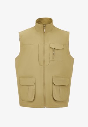 Beige ujjatlan mellény magas gallérral, elülső cipzárral, több elülső zsebbel és sima, könnyű anyaggal.