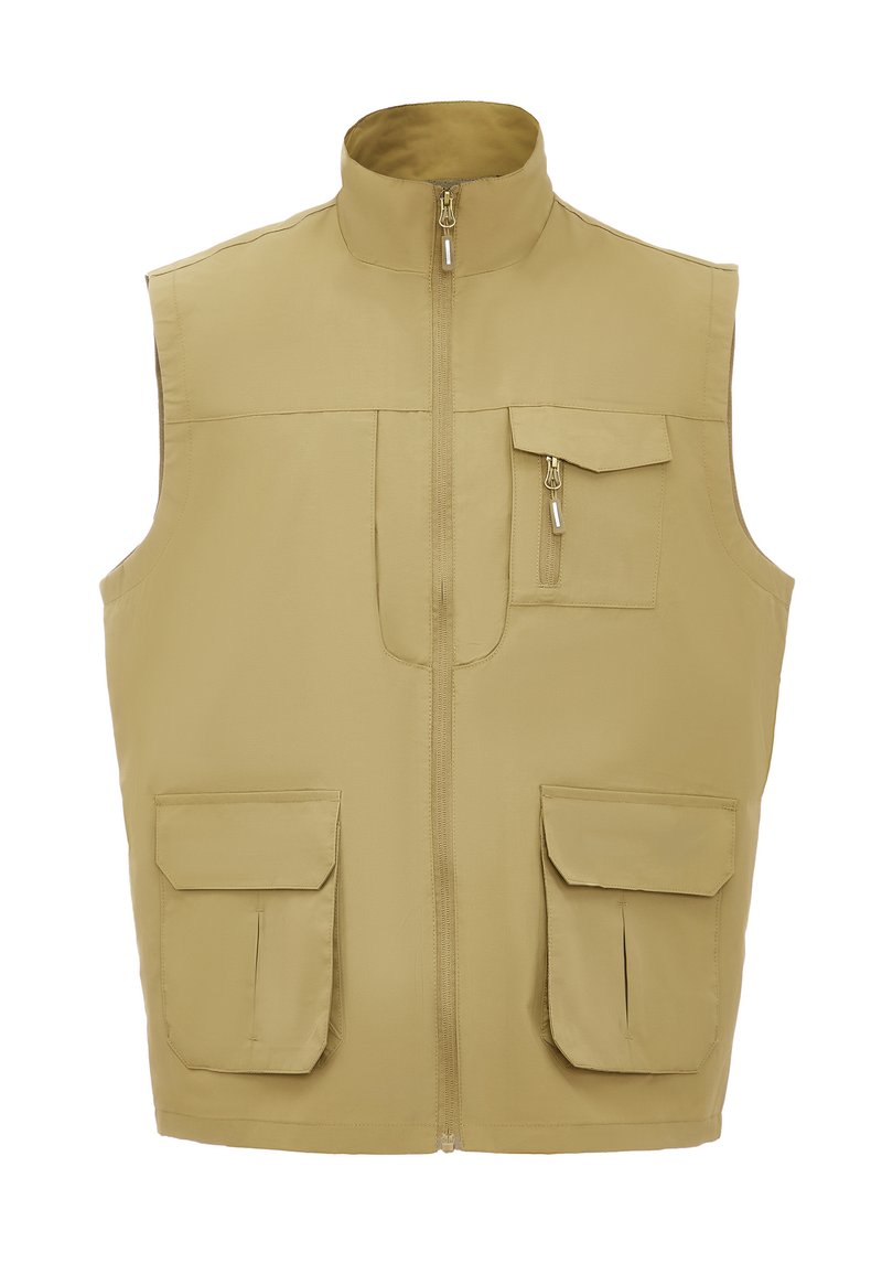Gilet beige senza maniche con colletto alto, zip frontale, multiple tasche anteriori e tessuto liscio e leggero.