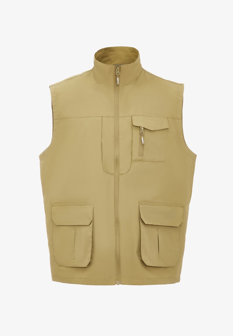 Beige ärmellose Weste mit hohem Kragen, Frontreißverschluss, mehreren Fronttaschen und glattem, leichtem Stoff.