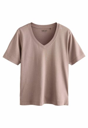 Hellbraunes T-Shirt mit kurzen Ärmeln und V-Ausschnitt, geradem Saum, aus glattem Stoff, mit dem Label "NEXT" innen im Kragen.