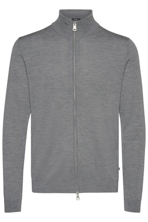 Grå zip-up kofta i mjukt material, med hög krage, långa ärmar och dragkedja fram. Ren, minimalistisk design utan mönster.