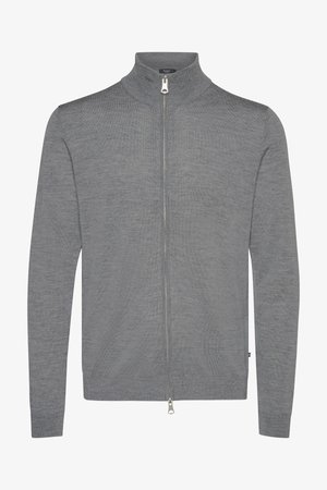 Grijze ritscardigan gemaakt van zacht materiaal, met een hoge halslijn, lange mouwen en een ritssluiting aan de voorkant. Schoon, minimalistisch ontwerp zonder patronen.