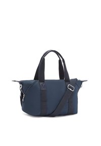 Navy fabric tote bag with dual short handles, removable shoulder strap, zip closure, and black webbing accents. Smooth texture and rounded shape.