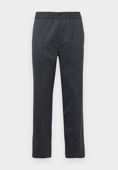 Dark gray straight-leg pants with elastic waistband, front button closure, and subtle embroidered detail on the right side.