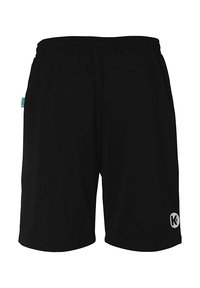 Schwarze Sportshorts mit einem elastischen Bund, glatter Textur und einem kleinen Logo am unteren rechten Bein. Verfügt über Seitentaschen.