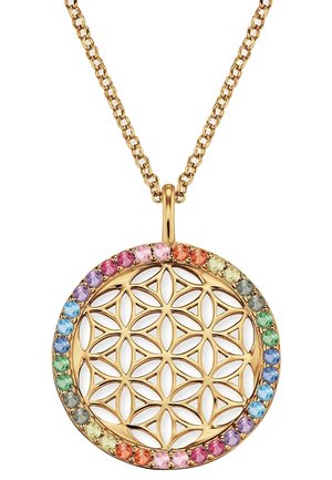 Collier pendentif en or avec un motif complexe de fleur de vie, bordé d’un cercle de pierres précieuses multicolores aux différentes nuances.