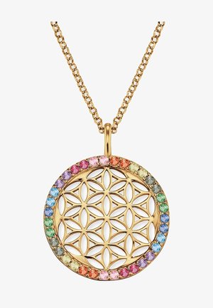 Collier pendentif en or avec un motif complexe de fleur de vie, bordé d’un cercle de pierres précieuses multicolores aux différentes nuances.