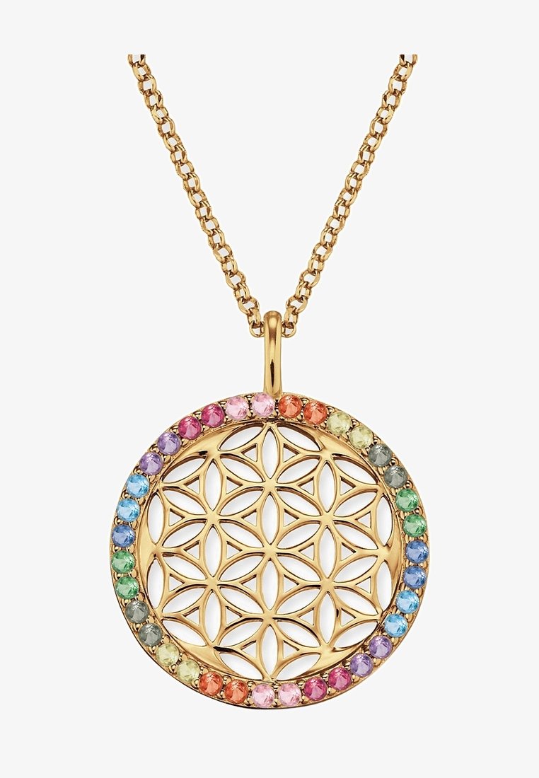 Collier pendentif en or avec un motif complexe de fleur de vie, bordé d’un cercle de pierres précieuses multicolores aux différentes nuances.