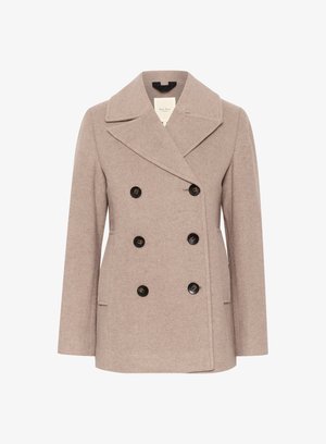 Double-breasted coat in soft beige wool, featuring a notched collar, large black buttons, and side pockets for function and style.