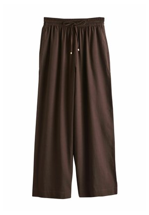 Brown wide-leg pants with elastic waistband and drawstring, featuring side pockets, made of soft, lightweight fabric.