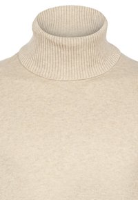 Helles beiges Rollkragensweatshirt aus geripptem Strickstoff, mit hohem Kragen und einer weichen Textur. Keine auffälligen Muster oder Hardware.