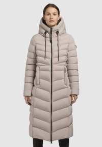 Light gray puffer coat with a zip front, hood, and black drawstrings. Features horizontal quilted sections and two side pockets.