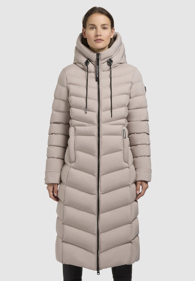 Light gray puffer coat with a zip front, hood, and black drawstrings. Features horizontal quilted sections and two side pockets.