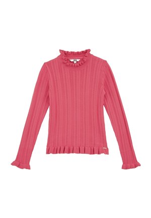 Lyserød langærmet sweater med lodret strikkemønster og flæsekant på krave, manchetter og kant.