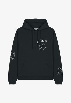 Zwarte hoodie met een voorzak, voorzien van witte lijntekeningen van vogels en het woord "liberté" op de borst en mouwen.