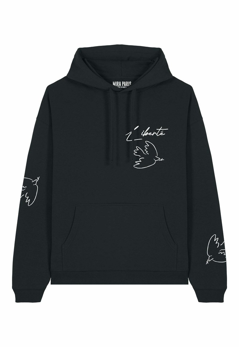 Schwarzer Hoodie mit einer Fronttasche, verziert mit weißen Strichzeichnungen von Vögeln und dem Wort "liberté" auf der Brust und den Ärmeln.
