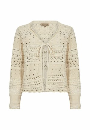 Knit cardigan in cream with a tie front, featuring openwork patterns, long sleeves, and scalloped edges. Lightweight and textured design.
