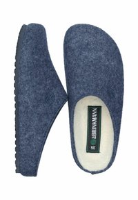 Dark blue felt slippers with a soft white lining, slip-on design, rounded shape, and textured black rubber sole. Features a circular logo detail.