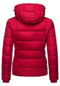 Red padded jacket with a hood, featuring a quilted design, ribbed cuffs, and accent patches. Made from a smooth, synthetic material.